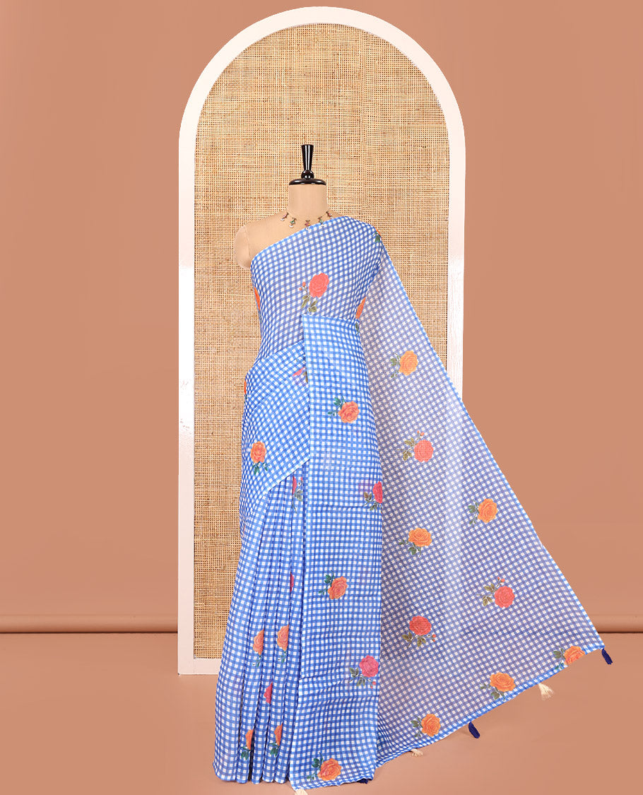 Borderless Blue Linen Cotton Saree, Adorned with Checked Design and Rose Motifs on Its Body, a Self-Pallu, and Paired with a Contrast Blouse