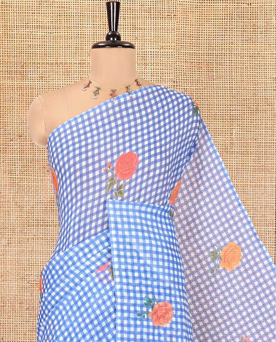 Borderless Blue Linen Cotton Saree, Adorned with Checked Design and Rose Motifs on Its Body, a Self-Pallu, and Paired with a Contrast Blouse