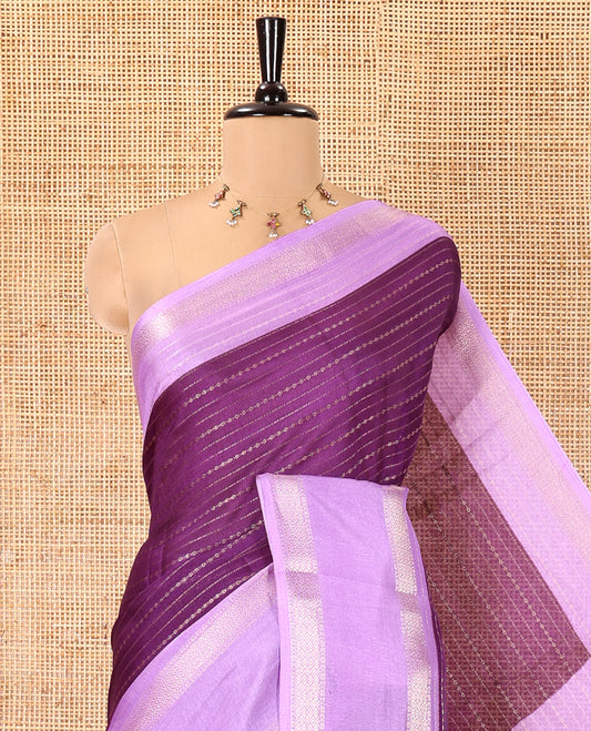 Violet Dola Silk Saree, Bedecked with Zari Stripes, Contrast Traditional Zari Border, Striped Pallu, and a Contrast Blouse