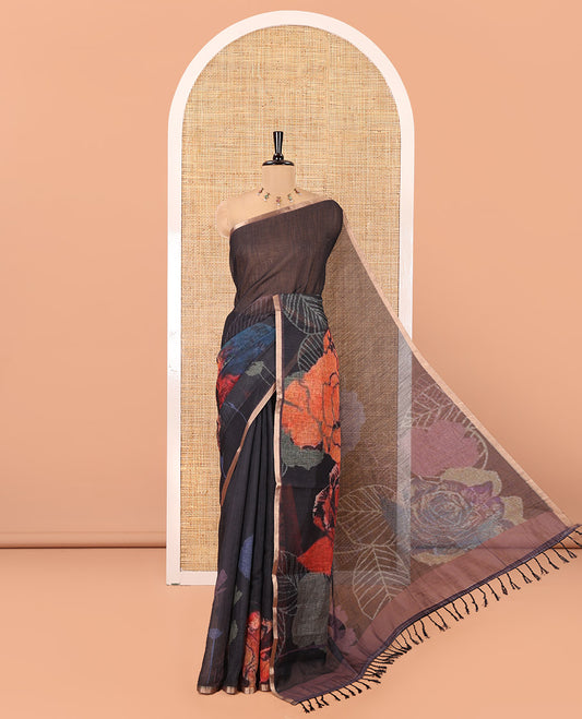 Black Linen Cotton Saree, Artfully Printed with Tropical-Style Floral Print on Its Body, Printed Pallu, and Paired with a Matching Blouse