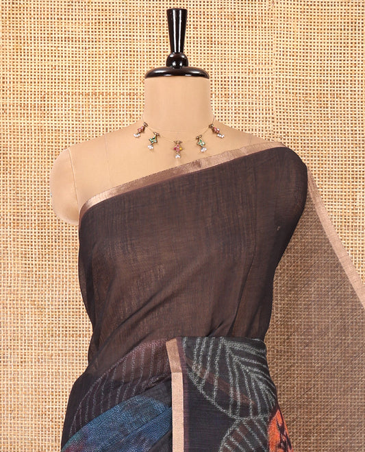 Black Linen Cotton Saree, Artfully Printed with Tropical-Style Floral Print on Its Body, Printed Pallu, and Paired with a Matching Blouse