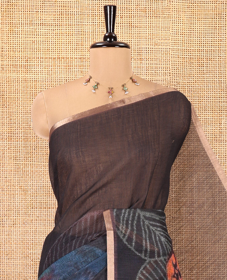 Black Linen Cotton Saree, Artfully Printed with Tropical-Style Floral Print on Its Body, Printed Pallu, and Paired with a Matching Blouse