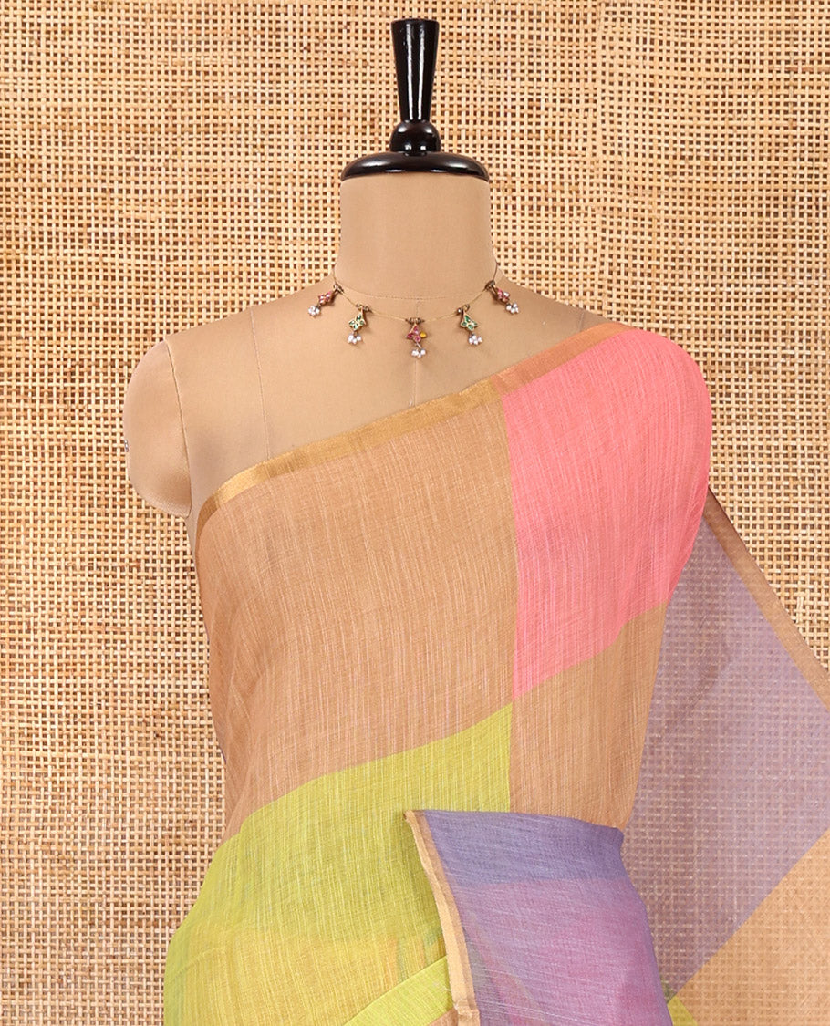 Borderless Yellow Linen Cotton Saree, Adorned with Macro-Checked Design on Its Body, a Self-Pallu, and Paired with a Contrast-Printed Blouse