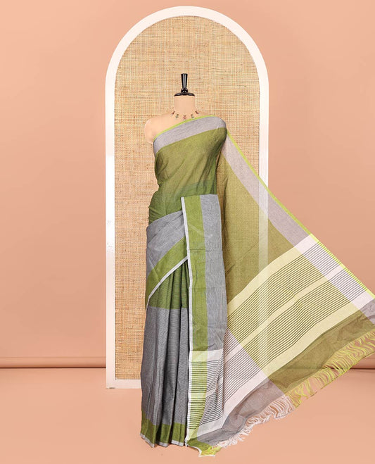 Grey and Mehenti Chettinad Cotton Saree, Decked up with Half-And-Half-Style Horizontal Stripes on Its Body, a Subtle Contrast Border, and Has No Blouse