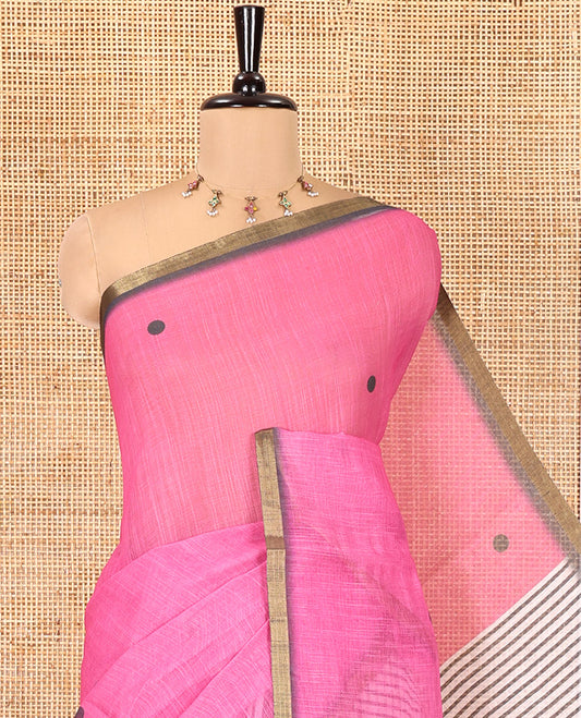 Pink Linen Cotton Saree, Adorned with Half-And-Half-Style Polka Dots, a Subtle Piping Border, Contrast Vertically Striped Pallu, and a Contrast Blouse