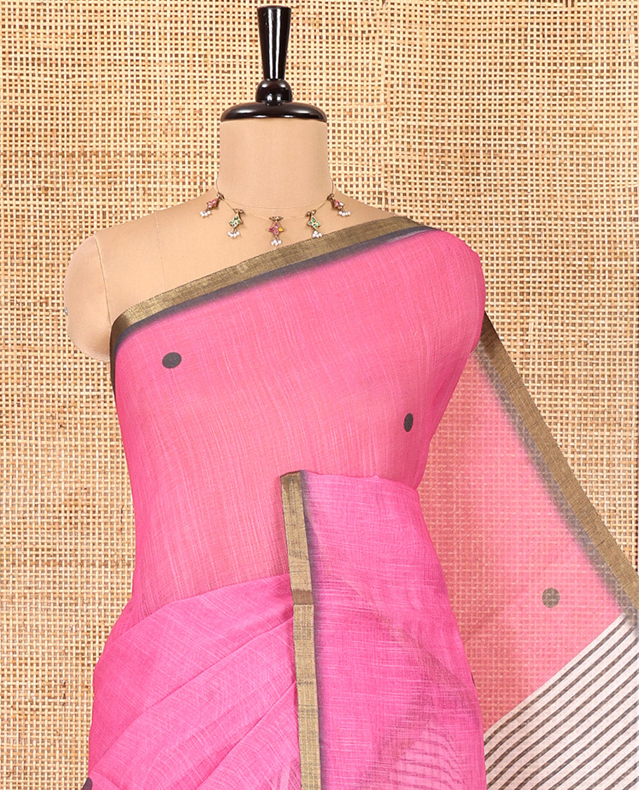 Pink Linen Cotton Saree, Adorned with Half-And-Half-Style Polka Dots, a Subtle Piping Border, Contrast Vertically Striped Pallu, and a Contrast Blouse