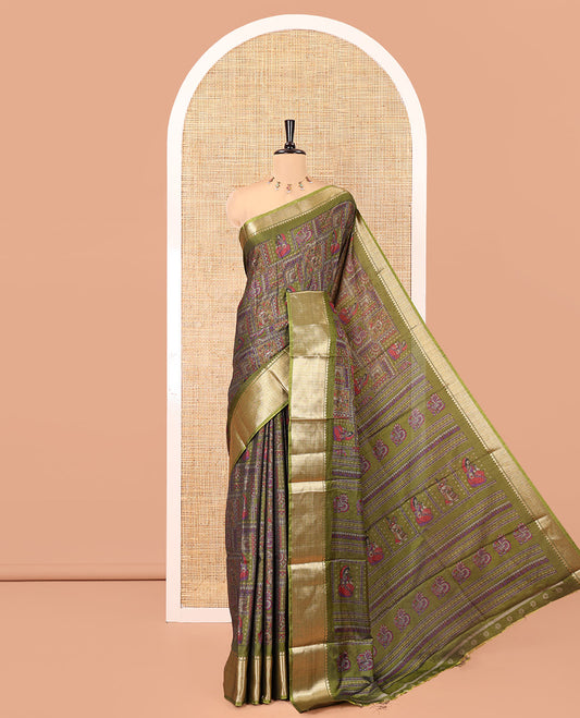 Olive Green Dola Silk Saree Features Kalamkari Peacock-Human Print, a Traditional Zari Border, Printed Pallu, and a Matching Blouse