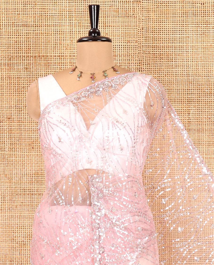 Pink Net Saree, Prettified with Ogee Sequins Embroidery, a Scalloped Border, and Contrast Embroidered Blouse