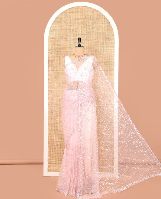 Pink Net Saree, Prettified with Ogee Sequins Embroidery, a Scalloped Border, and Contrast Embroidered Blouse