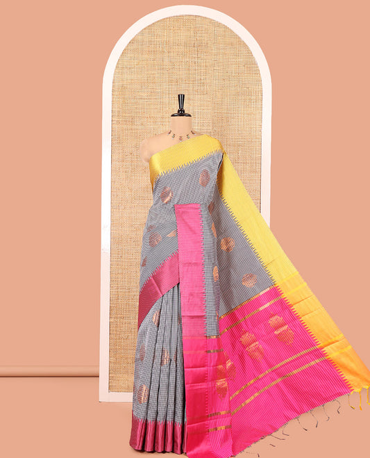 Black-Yellow Kanchi Silk Saree Features Checks and Buttas, Contrast Ganga-Jamuna Temple Border, and Contrast Blouse