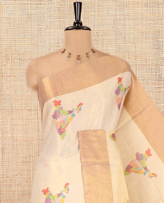 Gold India-Themed Printed Kerala Tissue Saree, a Bavanji Border, a Contrast Satin Pallu, and a Matching Blouse