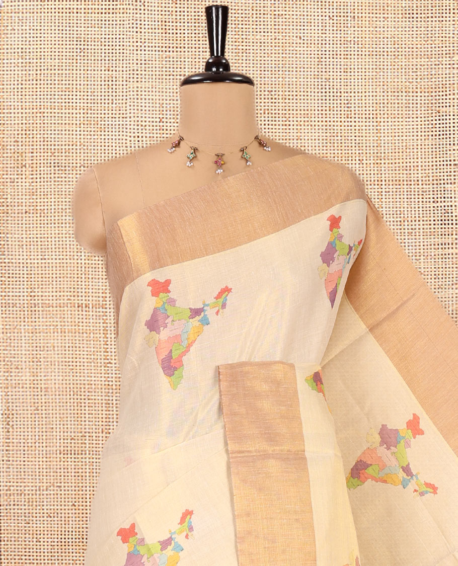 Gold India-Themed Printed Kerala Tissue Saree, a Bavanji Border, a Contrast Satin Pallu, and a Matching Blouse