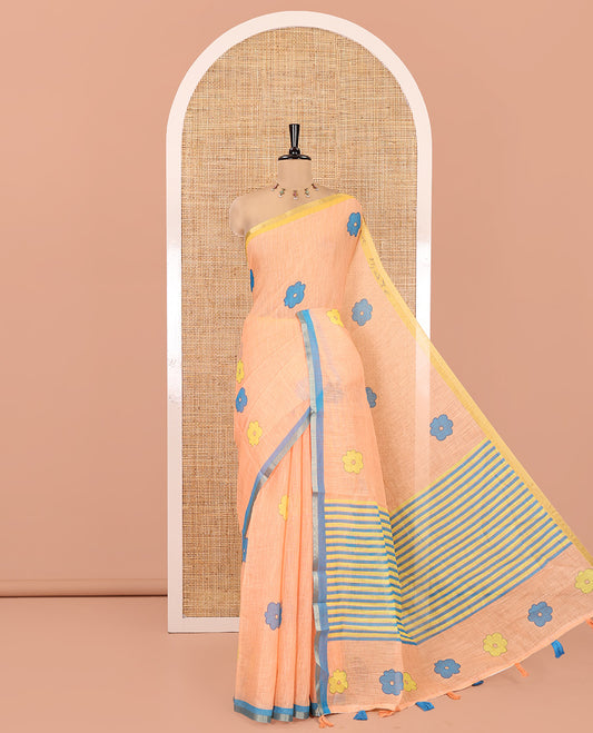 Orange Linen Cotton Saree, Beautified with Flower Buttas, a Contrast Border, Multi-Color Striped Pallu, and a Contrast Blouse