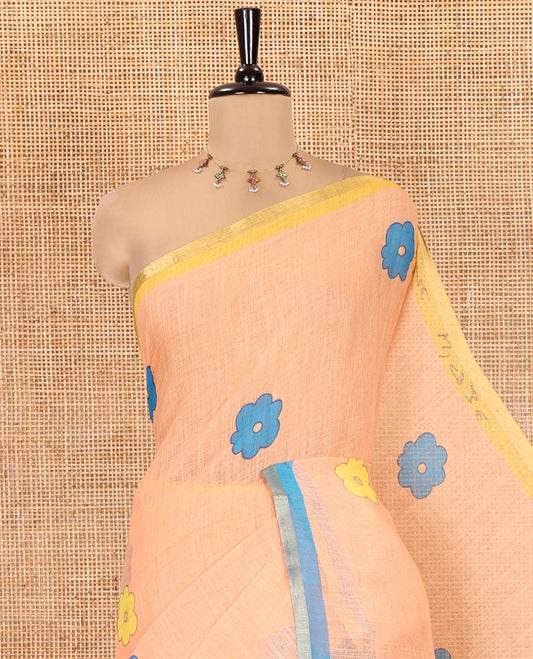 Orange Linen Cotton Saree, Beautified with Flower Buttas, a Contrast Border, Multi-Color Striped Pallu, and a Contrast Blouse