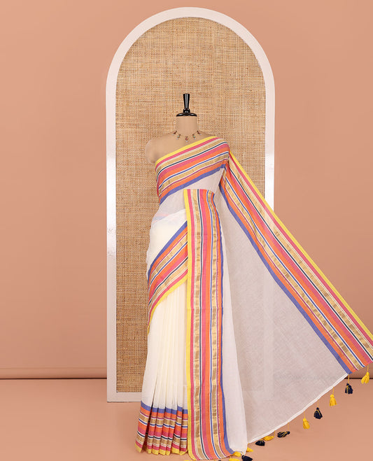 Blue-Cream Plain Khadi Mul Cotton Saree, a Contrast Multi-color Striped Border, a Self-Pallu, and No Blouse