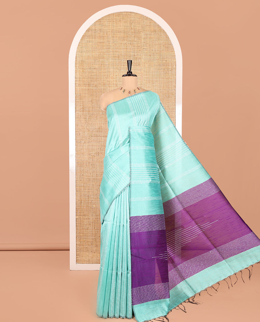 Borderless Teal Green Semi-Raw Silk Saree, Decorated with Sequined Stripes, a Contrast Zari Striped Pallu, and Contrast Blouse