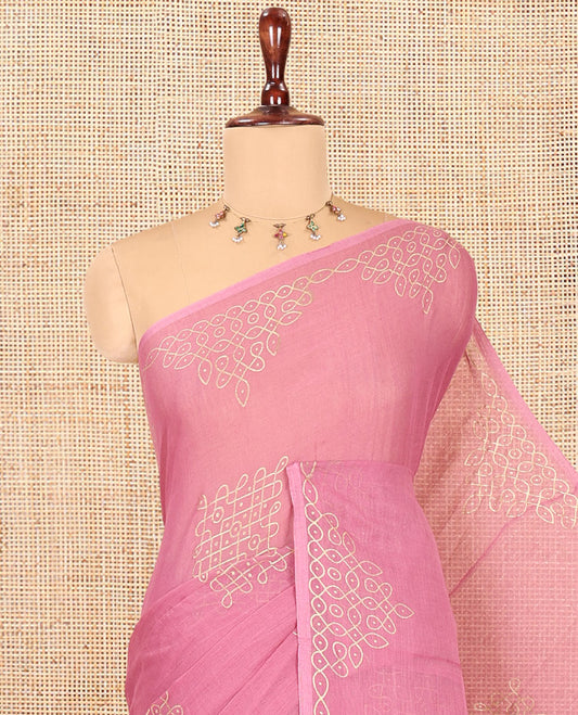 Borderless Onion Pink Khadi Mul Cotton Saree Features Kambi Kolam Motifs, a Self-Pallu, and No Blouse