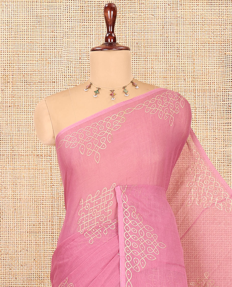 Borderless Onion Pink Khadi Mul Cotton Saree Features Kambi Kolam Motifs, a Self-Pallu, and No Blouse