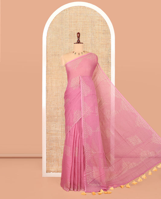 Borderless Onion Pink Khadi Mul Cotton Saree Features Kambi Kolam Motifs, a Self-Pallu, and No Blouse