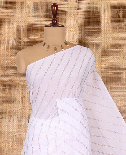 Borderless White-Violet Rangoli Chiffon Saree, Gleamed Up with Foil-Printed Leheriya Stripes, a Contrast Sequins Blouse