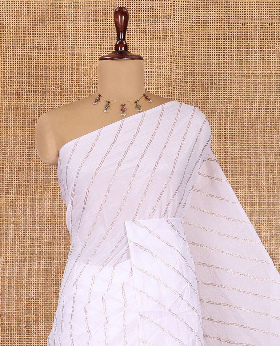 Borderless White-Violet Rangoli Chiffon Saree, Gleamed Up with Foil-Printed Leheriya Stripes, a Contrast Sequins Blouse