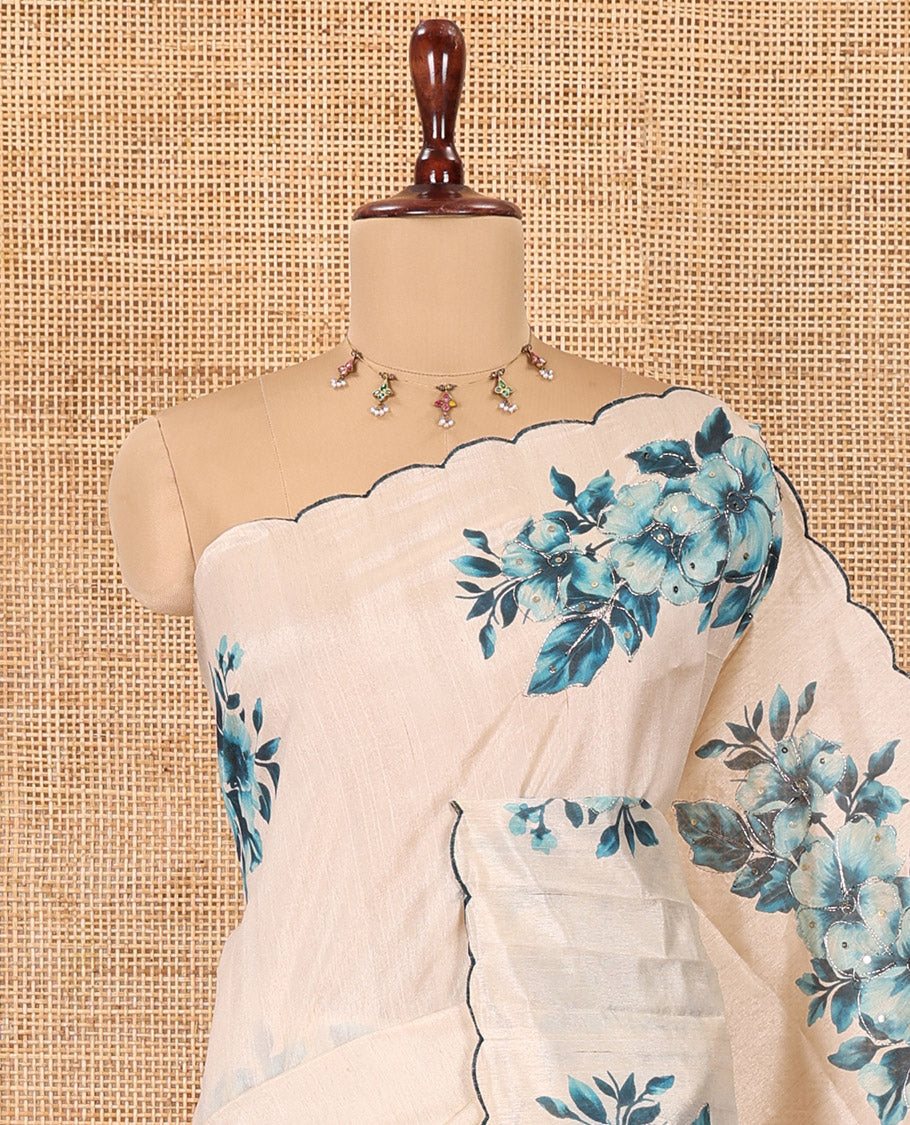 Cream-Blue Semi-Tussar Saree Features Floral Print and Sequined Work, a Scallop Border, a Self-Pallu, and a Matching Blouse