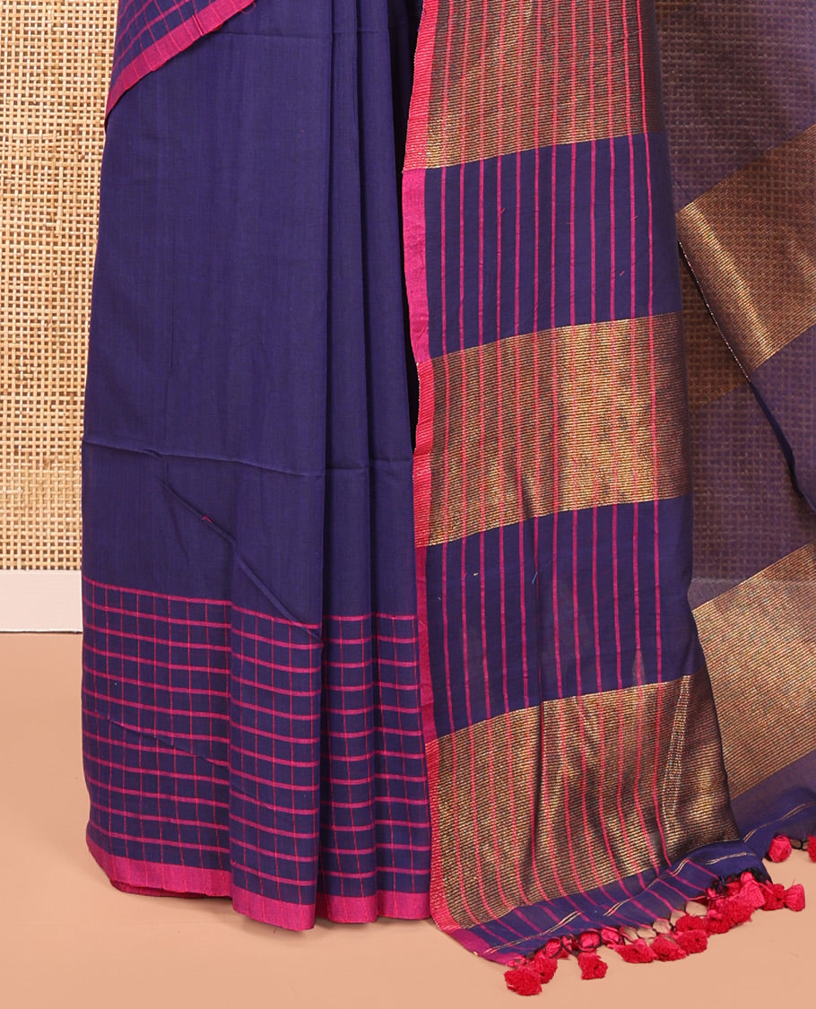 Navy Blue Plain Khadi Mul Cotton Saree, Contrast Dobby-Style Buttas and Striped Border, and Gleaming Striped Pallu