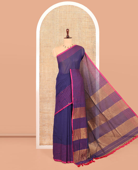 Navy Blue Plain Khadi Mul Cotton Saree, Contrast Dobby-Style Buttas and Striped Border, and Gleaming Striped Pallu