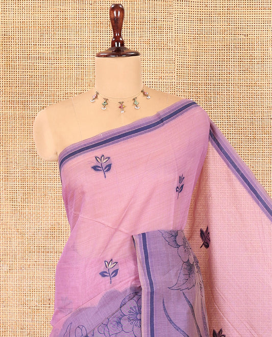 Lavender Munga Cotton Saree, Beautified with Floral Buttas, a Contrast Floral-Bird Printed Border, and a Matching Blouse