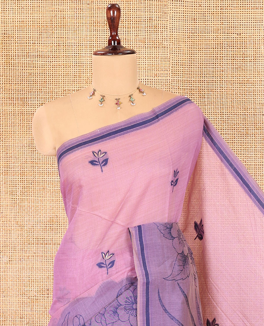 Lavender Munga Cotton Saree, Beautified with Floral Buttas, a Contrast Floral-Bird Printed Border, and a Matching Blouse