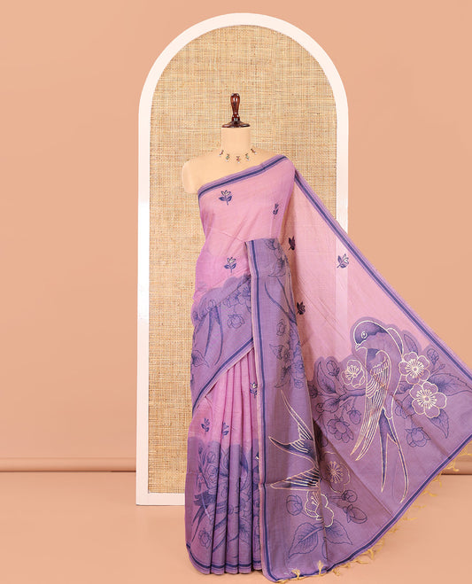 Lavender Munga Cotton Saree, Beautified with Floral Buttas, a Contrast Floral-Bird Printed Border, and a Matching Blouse