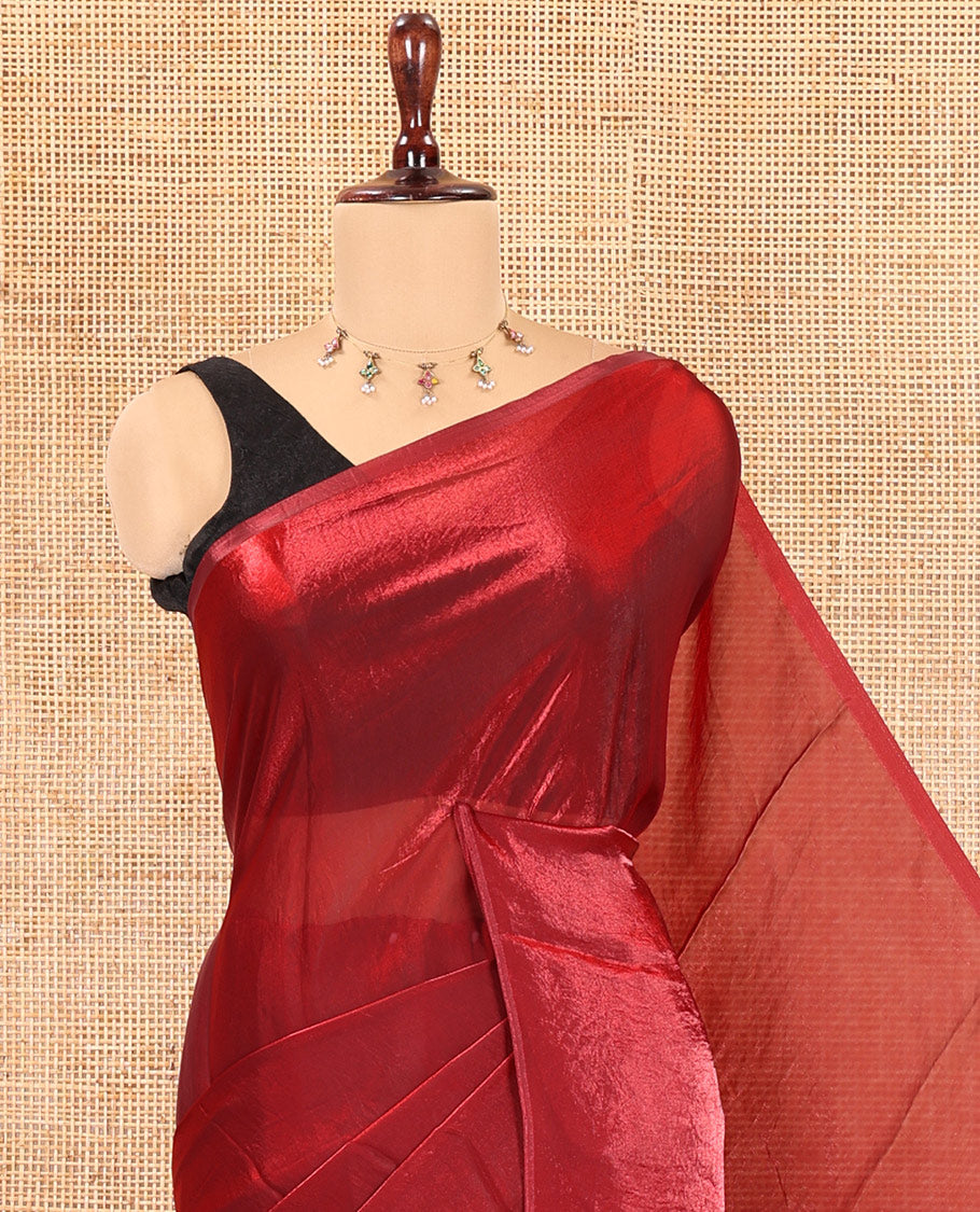 Borderless Maroon  Plain Fendi Chiffon Saree, a Self-Pallu, and a Matching Peacock Embroidered Blouse