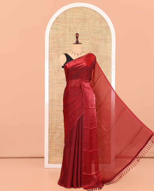Borderless Maroon  Plain Fendi Chiffon Saree, a Self-Pallu, and a Matching Peacock Embroidered Blouse
