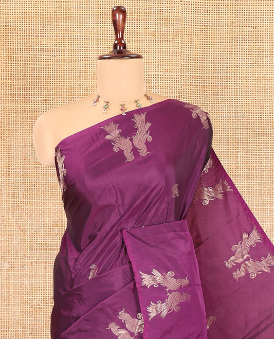 Borderless Wine Semi-Soft Silk Saree, Steeped in the Richness of Buttas, a Self-Border of Bird Motifs, and a Matching Blouse