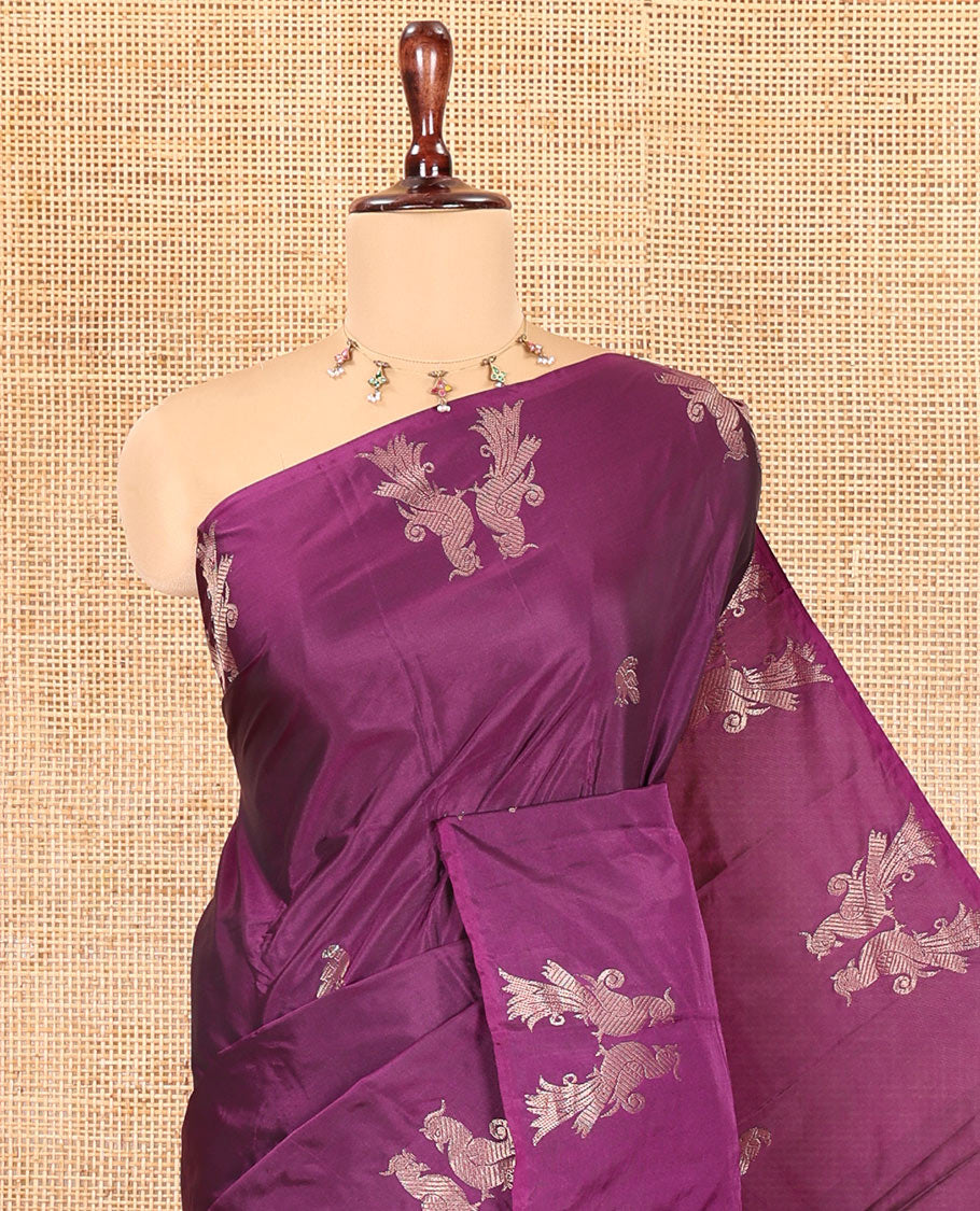 Borderless Wine Semi-Soft Silk Saree, Steeped in the Richness of Buttas, a Self-Border of Bird Motifs, and a Matching Blouse