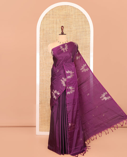 Borderless Wine Semi-Soft Silk Saree, Steeped in the Richness of Buttas, a Self-Border of Bird Motifs, and a Matching Blouse
