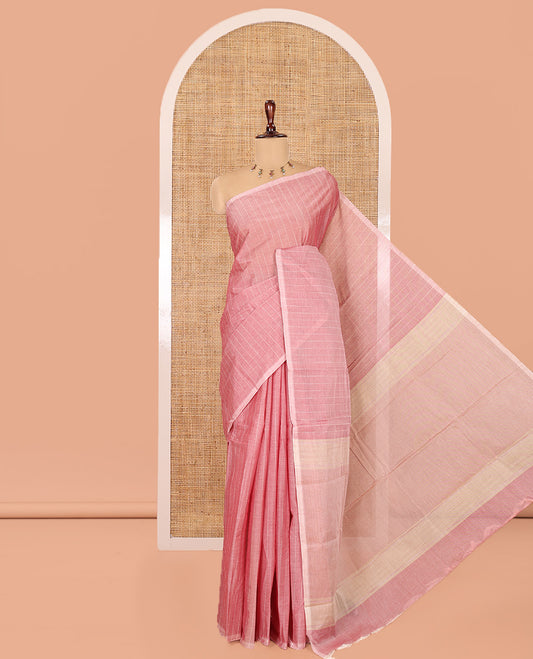 Borderless Onion Pink Negamam Cotton Saree, Subtly Sparkled with Stripes, a Plain Pallu, and a Matching Blouse