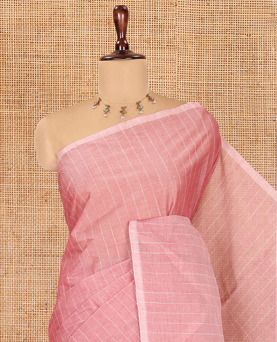 Borderless Onion Pink Negamam Cotton Saree, Subtly Sparkled with Stripes, a Plain Pallu, and a Matching Blouse