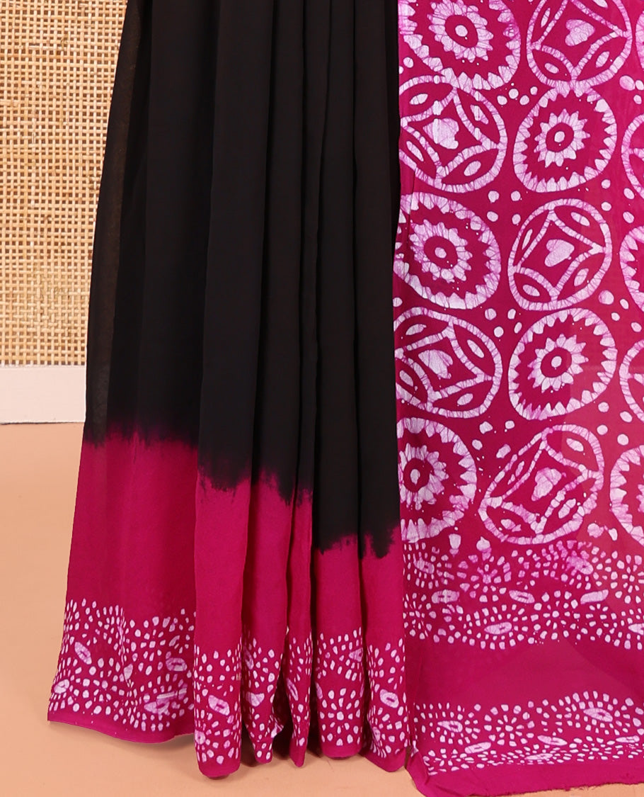 Black-Magenta Plain 60gm Georgette Saree, Contrast Batik Floral Printed Border, Batik Geometric Printed Pallu, and a Matching Blouse
