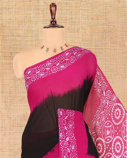 Black-Magenta Plain 60gm Georgette Saree, Contrast Batik Floral Printed Border, Batik Geometric Printed Pallu, and a Matching Blouse
