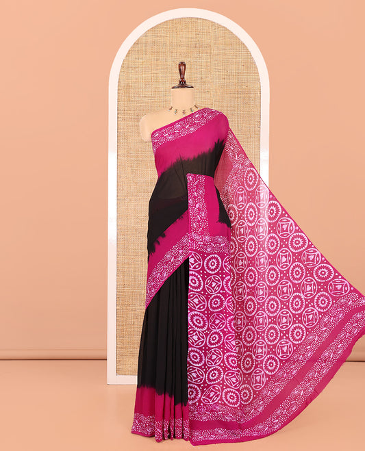 Black-Magenta Plain 60gm Georgette Saree, Contrast Batik Floral Printed Border, Batik Geometric Printed Pallu, and a Matching Blouse