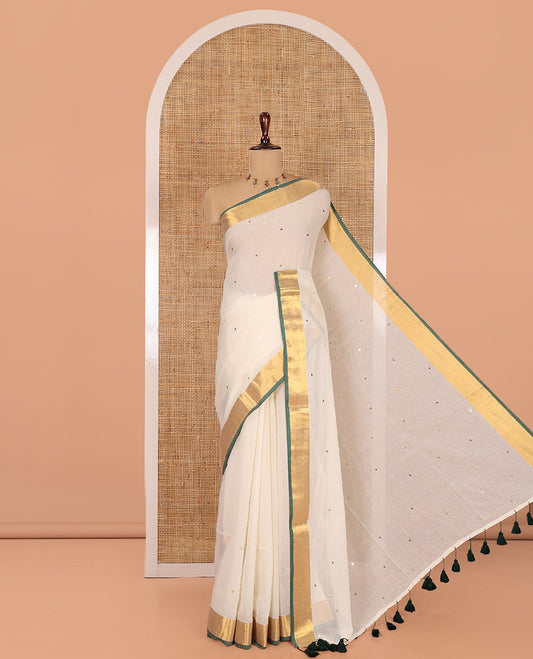 Cream Khadi Mul Cotton Saree, Gleamed Up with Sequined Work, Contrast Gold Zari Border, a Self-Pallu, and a Matching Blouse