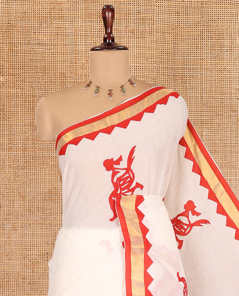 Cream-Red Kerala Cotton Saree, Elevated with Figurine Patch Applique Embroidery, a Contrast Temple Border, and Matching Blouse