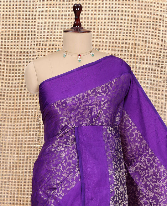 Violet Semi-Tussar Saree, Detailed with Floral Jacquard Design, an Embossed Border, a Floral Pallu, and a Matching Blouse