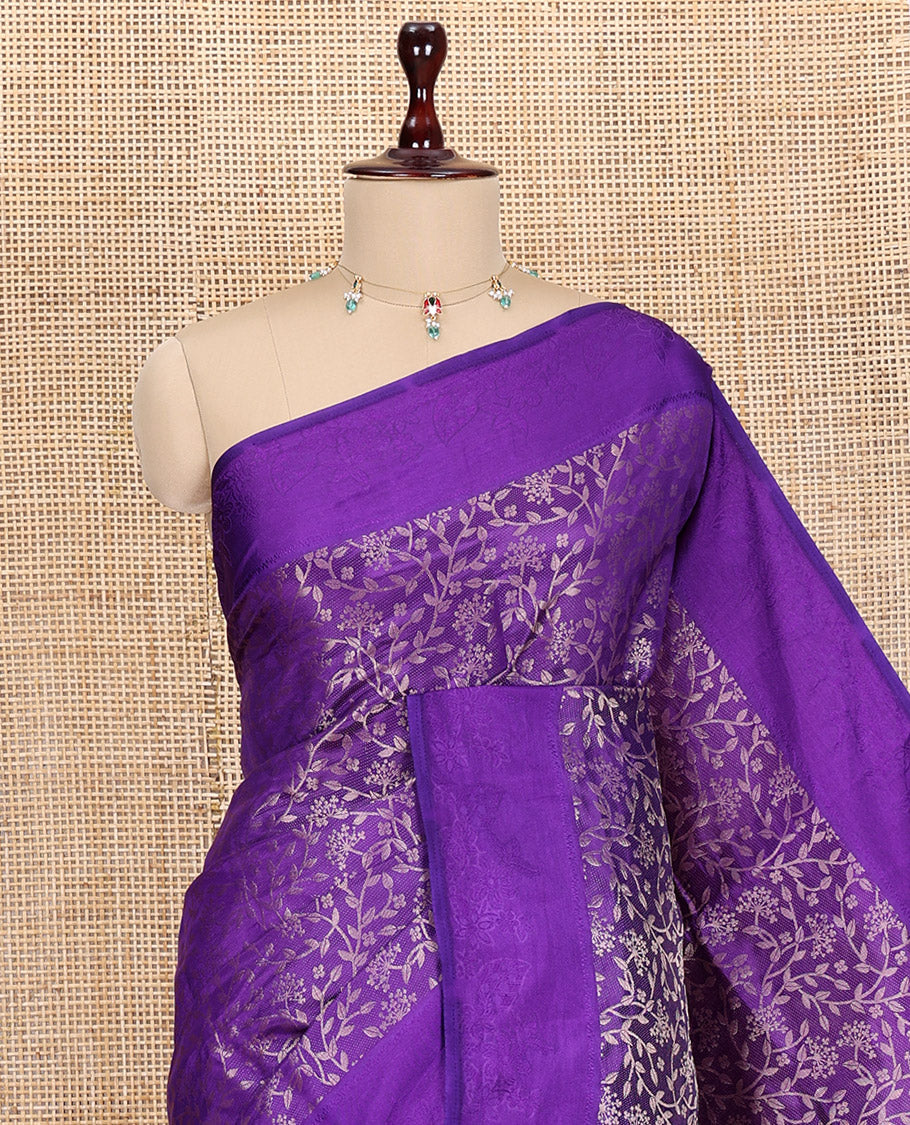 Violet Semi-Tussar Saree, Detailed with Floral Jacquard Design, an Embossed Border, a Floral Pallu, and a Matching Blouse