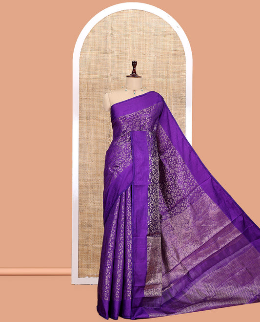 Violet Semi-Tussar Saree, Detailed with Floral Jacquard Design, an Embossed Border, a Floral Pallu, and a Matching Blouse