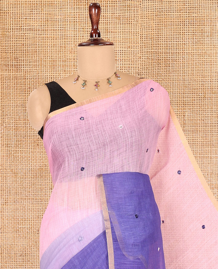 Violet Linen Cotton Saree Features Ombre-Style Dyed and Mirrorwork, a Subtle Piping Border, and a Matching Blouse