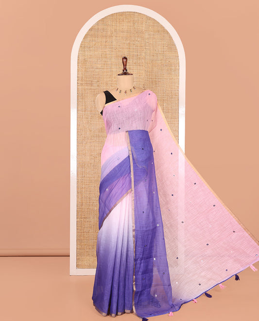 Violet Linen Cotton Saree Features Ombre-Style Dyed and Mirrorwork, a Subtle Piping Border, and a Matching Blouse