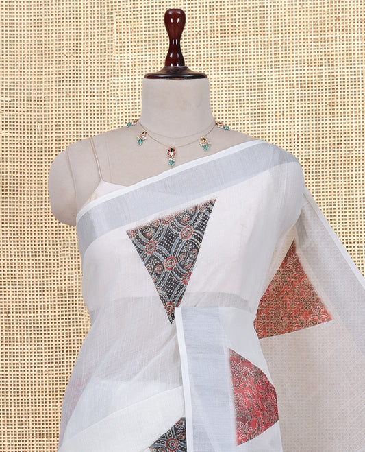 Cream Linen Cotton Saree, Embellished with Triangle Print, a Subtle Zari Border, Ajrakh Patch Printed Pallu, and a Contrast Blouse