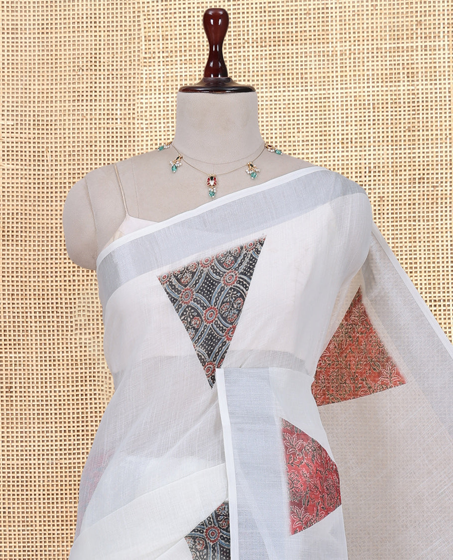 Cream Linen Cotton Saree, Embellished with Triangle Print, a Subtle Zari Border, Ajrakh Patch Printed Pallu, and a Contrast Blouse